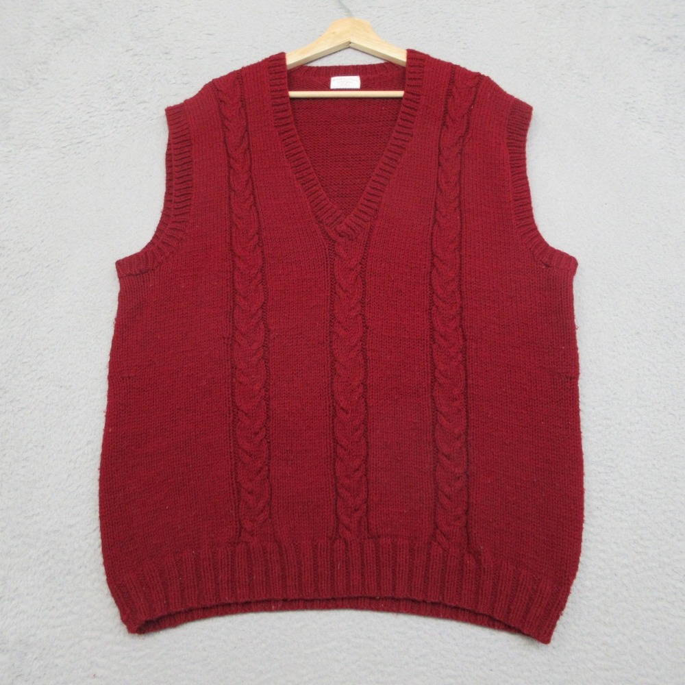 Vtg 70s 80s Handmade Men XL Red Cable Knit Sweater Vest Grandpa Preppy Heritage